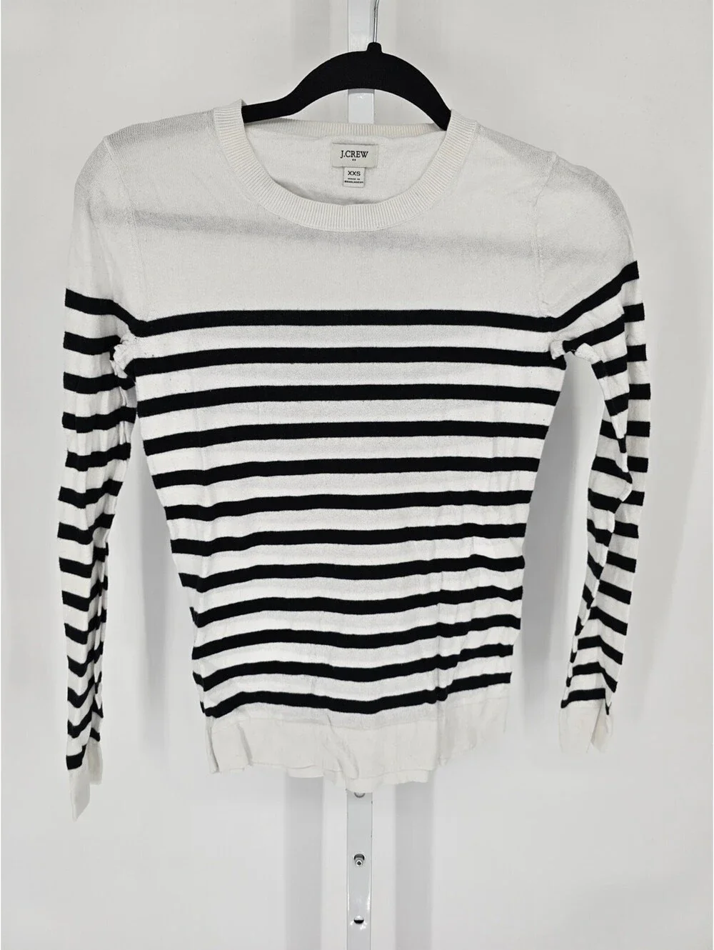 J Crew Womens Sz XXS Long Sleeve Knit Crew Neck Top Black White Striped